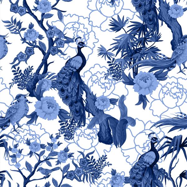 الگوی بدون درز به سبک chinoiserie با طاووس پرندگان و گل صد تومانی در رنگ آبی وکتور