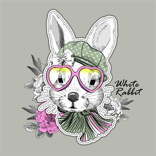 وکتور خرگوش سفید با کلاه عینک و روسری بافتنی صورتی تصویر طراحی شده با دست از خرگوش لباس پوشیده