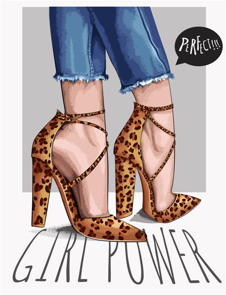 تصویر وکتور شعار تایپوگرافی با پاهای دخترانه در کفش های پاشنه بلند و شلوار جین طرح پلنگی