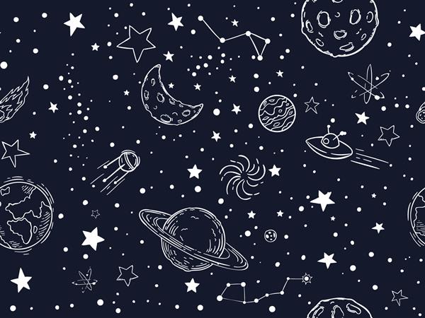 الگوی بدون درز ستاره های آسمان شب طرح ماه سیارات فضایی و تصویر وکتور ستاره با دست نمادهای نجوم بافت تزئینی کاغذ دیواری کیهانی کاغذ بسته بندی طرح طرح پارچه