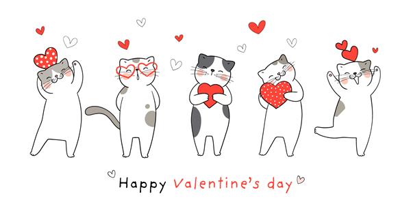 طرح وکتور بنر گربه بامزه با قلب های قرمز کوچک روی سفید برای روز ولنتاین بکشید سبک کارتونی دودل