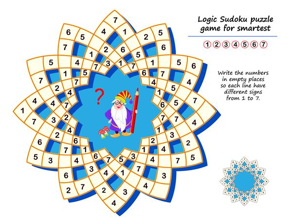 منطق بازی پازل سودوکو برای باهوش ترین ها اعداد را در جاهای خالی بنویسید تا هر خط دارای علائم متفاوتی از 1 تا 7 باشد کتاب بازی فکری برای کودکان صفحه قابل چاپ توسعه مهارت های شمارش