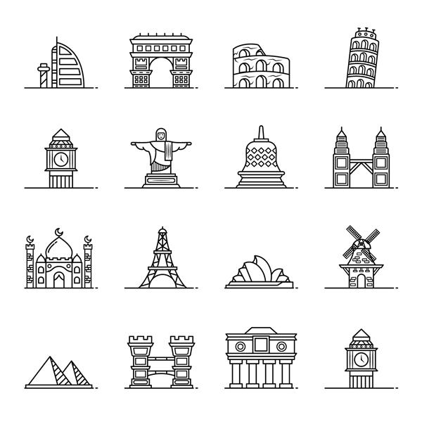 تصویر وکتور مجموعه آیکون نقطه عطف شامل نمادهایی مانند پاریس عربی لندن رم ایتالیا برزیل اندونزی مالزی هند پاریس سیدنی مصر و غیره است Pixel perfect 64px سکته مغزی قابل ویرایش