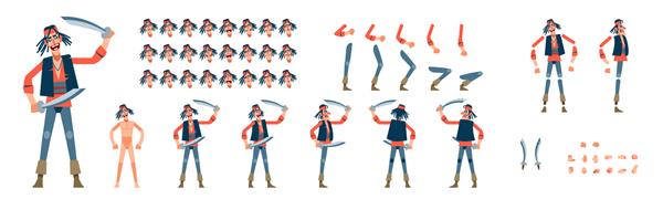 شخصیت کارتونی دزدان دریایی برای انیمیشن برای ایجاد بازی های ویدیویی فانتزی ژست های پیش فرض اعضای بدن با احساسات صورت نمای جلو پهلو پشت تصویر وکتور کارتونی جدا شده در پس زمینه سفید