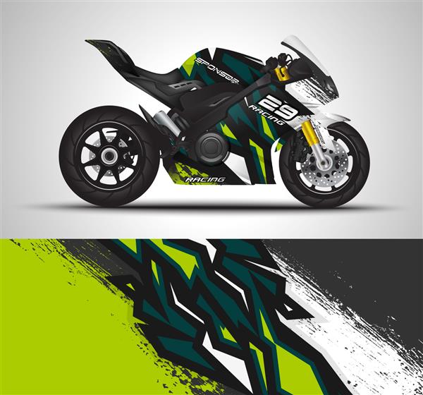 طراحی برچسب وینیل و عکس برگردان موتور سیکلت مسابقه ای پس‌زمینه انتزاعی گرافیکی مفهومی برای بسته‌بندی وسایل نقلیه ورزش‌های موتوری دوچرخه‌های ورزشی موتورکراس سوپرموتو و لیوری تصویر وکتور