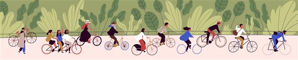 تصویر وکتور مسطح مردم در رژه دوچرخه سواری دوچرخه سواری می کنند فرد کارتونی فعال در حال دوچرخه سواری در مسیر دوچرخه در پس زمینه طبیعت سبز مفهوم سبک زندگی سالم ورزش و تفریح در فضای باز