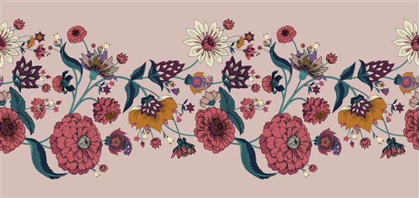 حاشیه بدون درز الگوی اصلی گل در سبک قدیمی الگوی گل سنتی برای پارچه کاغذ دیواری و پس زمینه باغ زینتی گل و برگ