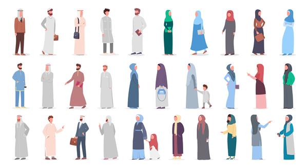 مسلمانان بزرگ مجموعه مجموعه زن و مرد عرب با کت و شلوار و لباس سنتی متفاوت زن با حجاب دین اسلام تصویر وکتور جدا شده