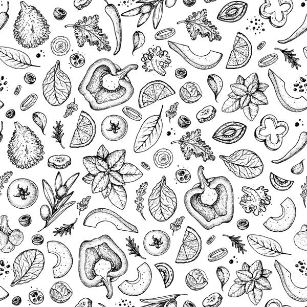 الگوی بدون درز سبزیجات Doodle پس زمینه سالاد غذای گیاهی طرح طراحی شده با دست قالب طراحی بسته بندی