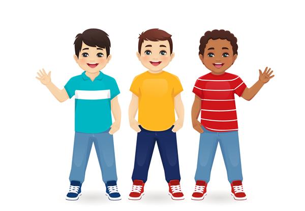 دوستان پسر چند قومیتی سه صورت بچه نر متفاوت تصویر وکتور جدا شده ایستاده آسیایی آفریقایی و قفقازی