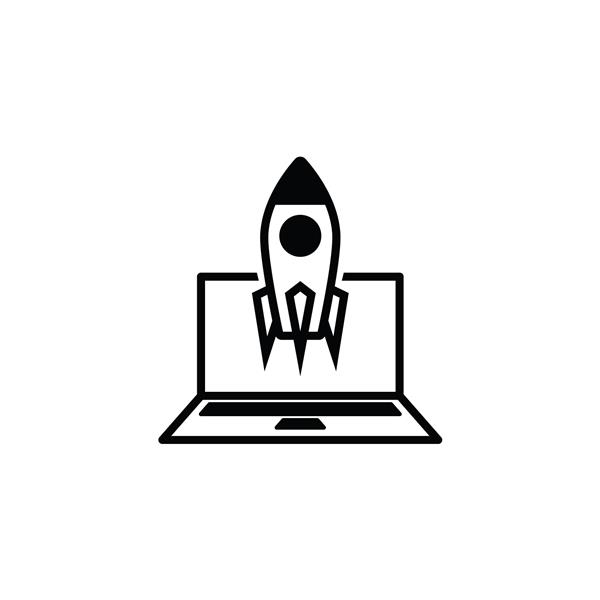 تصویر وکتور سیاه و سفید نماد رایانه نوت بوک و موشک