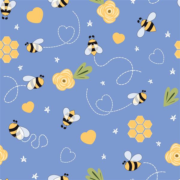 الگوی بدون درز زنبور بچه‌ها در پس‌زمینه بنفش زنبورهای ابله کارتونی زیبا گل عسل چاپ وکتور قلب دوست‌داشتنی