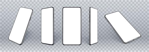 ماکت تلفن‌های همراه در زوایای مختلف جدا شده ماکت سلولی با نمای پرسپکتیو سه‌بعدی با صفحه سفید خالی جدا شده برای نمایش طراحی اپلیکیشن یا وب‌سایت رابط کاربری ux مدل واقعی گوشی هوشمند