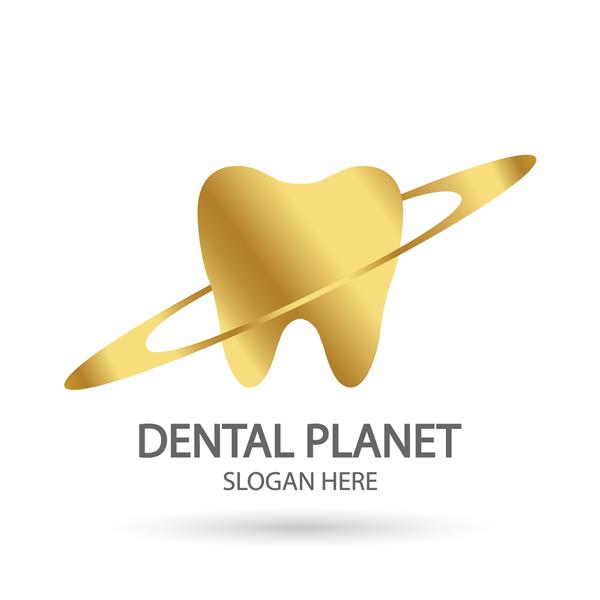 لوگوی کلینیک دندانپزشکی طلایی با روبان الگوی وکتور دندان نماد نماد مراقبت از دندان و کلینیک با سبک طراحی مدرن