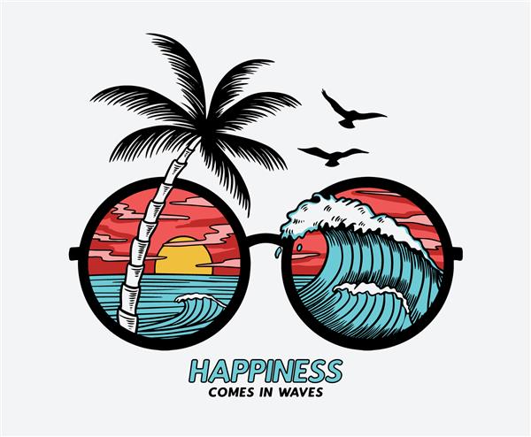 عینک آفتابی وکتور با تصویر انعکاس ساحل استوایی برای چاپ تی شرت و موارد دیگر