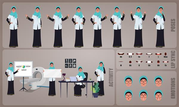 مجموعه شخصیت دکتر زن عرب مجموعه ای از ژست های بدن شخصیت حرکات صورت فعالیت های پزشکی و ژست های همگام سازی لب آماده برای استفاده و متحرک مجموعه شخصیت تصویر وکتور