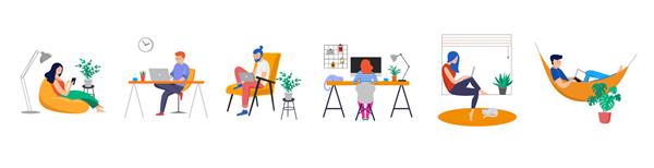 کار در خانه فضای کار مشترک تصویرسازی مفهومی جوانان مردان و زنان آزادکار که در خانه بر روی لپ تاپ و کامپیوتر کار می کنند افراد در خانه در قرنطینه تصویر وکتور به سبک مسطح