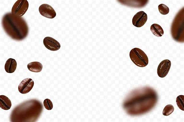 در حال سقوط دانه های قهوه واقع گرایانه جدا شده در پس زمینه شفاف پرواز بدون تمرکز دانه های قهوه قابل استفاده برای تبلیغات کافه پکیج طراحی منو تصویر وکتور