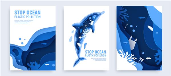 مجموعه بنر آلودگی پلاستیکی اقیانوس با شبح دلفین دلفین کاغذی با زباله های پلاستیکی ماهی حباب ها و صخره های مرجانی جدا شده در پس زمینه سفید تصویر وکتور هنر کاغذی