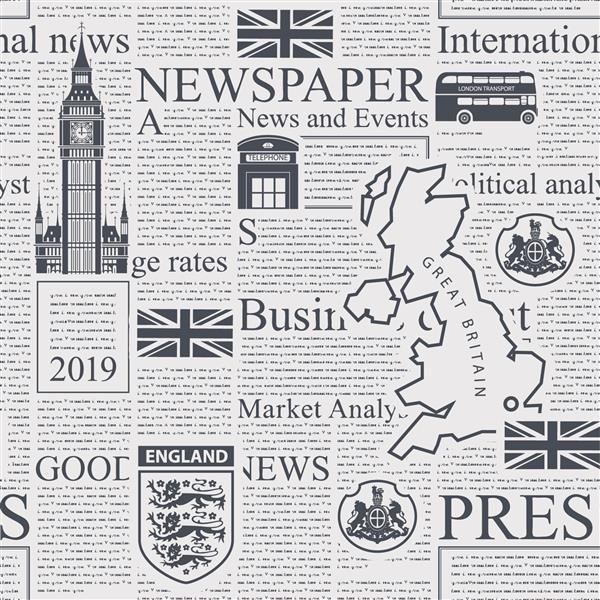 وکتور الگوی بدون درز با روزنامه بریتانیا یا لندن صفحه تزئینی روزنامه یا مجله با عناوین تصاویر و متن غیرقابل خواندن مناسب برای کاغذ دیواری کاغذ بسته بندی پارچه پارچه