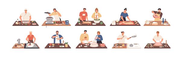 تصویر وکتور مسطح مجموعه افراد خندان در حال آشپزی روی میز آشپزخانه مجموعه ای از کارتون های مختلف مرد زن زن و شوهر و خانواده در حال تهیه غذای جدا شده روی سفید تهیه غذای رنگارنگ افراد