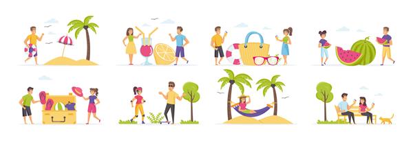 تعطیلات تابستانی با شخصیت‌های مردمی در کیت و موقعیت‌های مختلف سازنده صحنه تنظیم می‌شود افراد شاد در حال استراحت در ساحل با نخل خوردن هندوانه آفتاب گرفتن بسته ای از تعطیلات گرمسیری