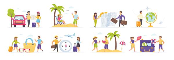 تعطیلات تابستانی با شخصیت‌های افراد در کیت و موقعیت‌های سازنده صحنه‌های مختلف تنظیم می‌شود گردشگرانی که با چمدان سفر می کنند مردم شادی که در ساحل استراحت می کنند بسته نرم افزاری تعطیلات استوایی به سبک تخت