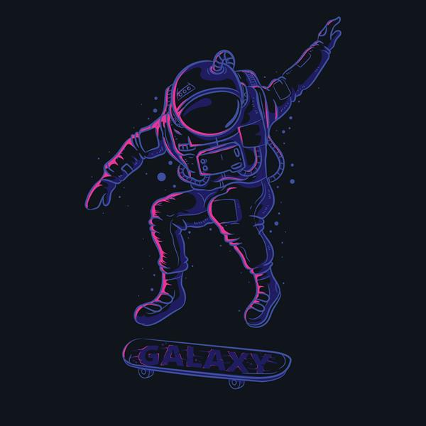 فضانورد در حال اسکیت بورد در فضا تصاویر وکتور برای چاپ تی شرت پوستر و موارد دیگر