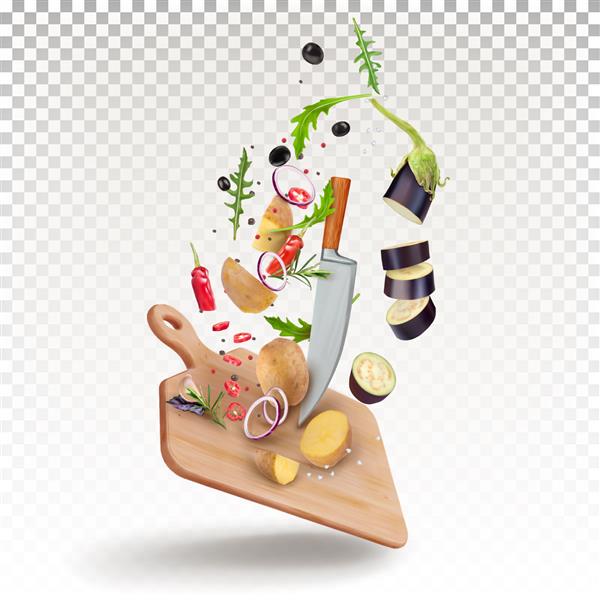 پرواز سبزیجات روی تخته برش با چاقو سیب زمینی بادمجان فلفل قرمز چیلی ادویه جات آرگولا تصویر وکتور پویا جدا شده در پس زمینه سفید
