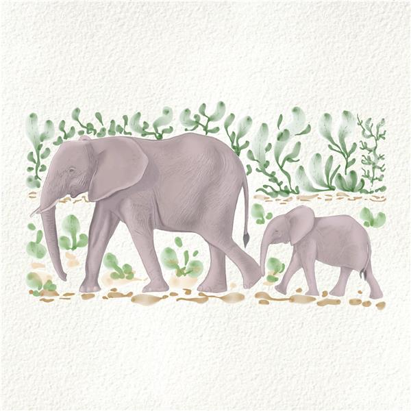 تصویر وکتور از فیل ها مادر و پسر در میان برگ های سبز به سبک آبرنگ در پس زمینه با بافت سبک