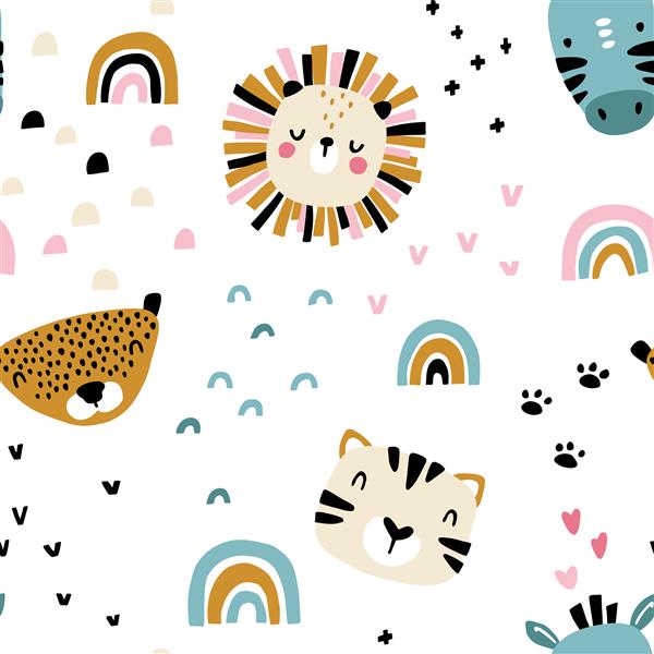 رنگین کمان آفریقا الگوی بدون درز با صورت حیوانات زیبا چاپ کودکانه برای مهد کودک به سبک اسکاندیناویایی برای لباس کودک داخلی بسته بندی وکتور تصویر کارتونی در رنگ های پاستلی
