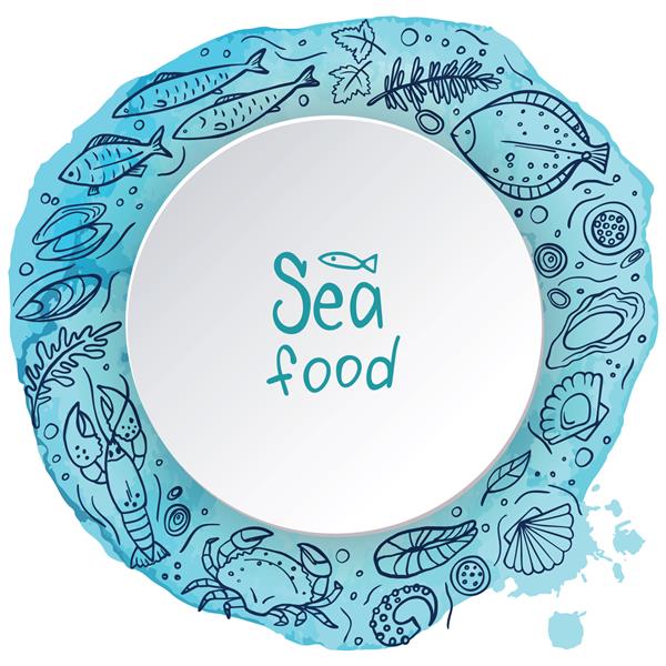غذاهای دریایی دودل در پس زمینه آبرنگ آبی تصویر وکتور ایده آل برای طراحی منوی دسر یا بسته بندی غذا