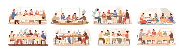مجموعه ای از صحنه ها با خانواده در شام جشن کودکان والدین و پدربزرگ ها و مادربزرگ ها در حال خوردن غذاهای ملی با هم غذای تعطیلات در کشورهای مختلف تصویر وکتور به سبک کارتونی تخت