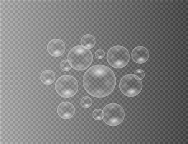 مجموعه ای از حباب های صابون رنگارنگ واقعی حباب های صابون واقع گرایانه شفاف جدا شده در پس زمینه شفاف بافت وکتور پوشش وکتور خاکستری روشن با خال