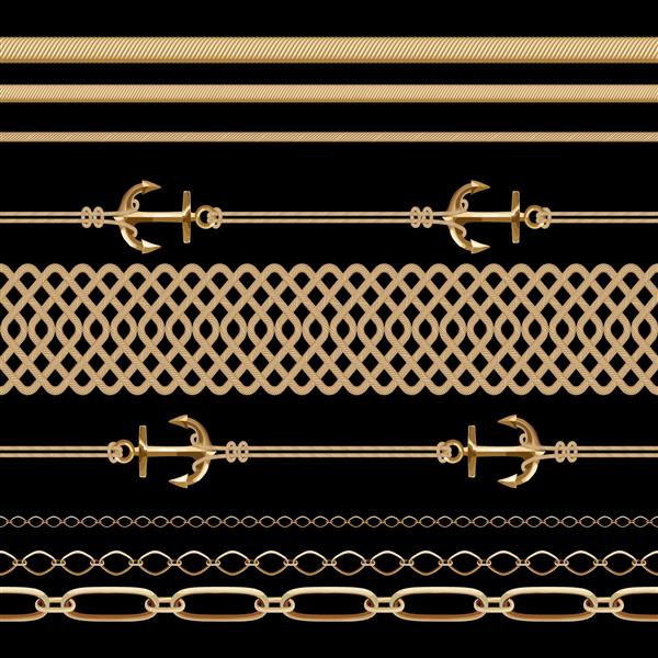 مجموعه بدون درز زنجیر طناب برس لنگر زنجیر طلایی در خط یا پیوند فلزی مجموعه ای از رشته های فلزی درخشان لوازم جانبی دریایی جدا شده در پس زمینه سیاه بردار