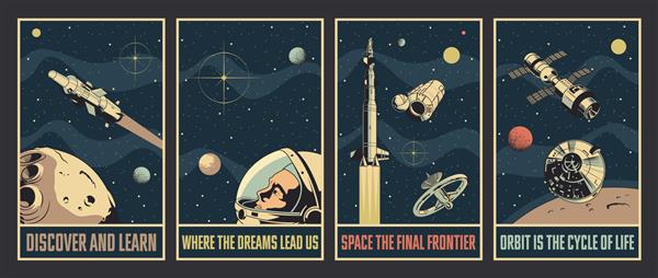 پوسترهای تبلیغاتی فضایی سبک علمی تخیلی آینده موشک فضاپیما کلاه فضانوردی سیارات ستاره ها