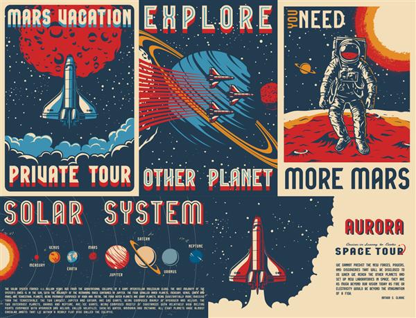 تصویر وکتور وکتور پوسترهای فضایی کلاسیک با فضانورد در سطح مریخ و شاتل های پرنده در پس زمینه کیهانی