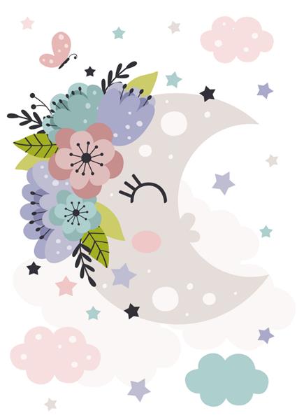 پوستر با ماه و گل های زیبا - تصویر وکتور eps