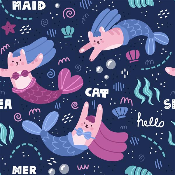 الگوی بدون درز گربه‌های کارتونی شاد که به‌عنوان شخصیت‌های پری دریایی طراحی شده‌اند تصویر تخت وکتور موجودات فانتزی کودکانه رنگارنگ زیبا ستاره دریایی صدف و عناصر ماهی طراحی به سبک اسکاندیناوی
