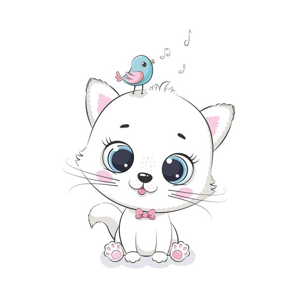 بچه گربه ناز با پرنده تصویر وکتور برای حمام نوزاد کارت تبریک دعوت نامه مهمانی چاپ تی شرت لباس مد