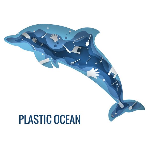 متن - اقیانوس پلاستیک تصویر وکتور مفهوم آلودگی زباله های پلاستیکی طرح کلی پستانداران دریایی دلفین پر از نماد سه بعدی زباله های پلاستیکی مفهوم زباله صفر مشکل آلودگی میکروپلاستیک