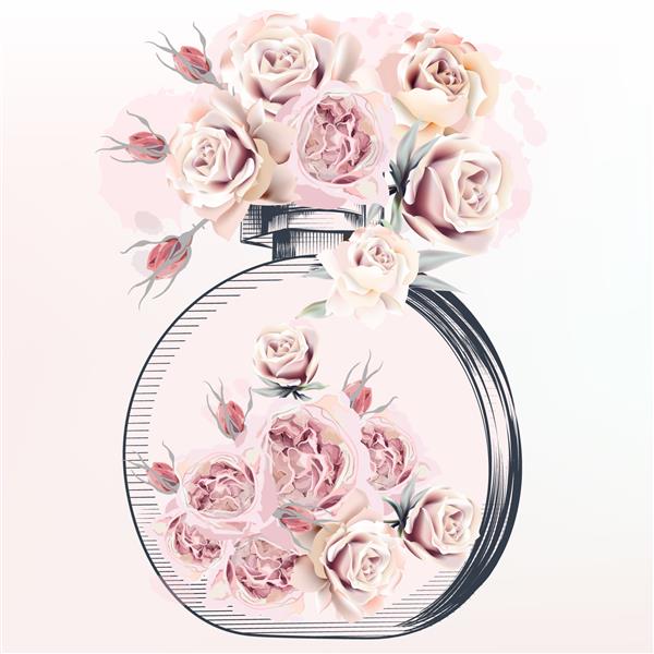 تصویر مد با شیشه عطر و گل های رز