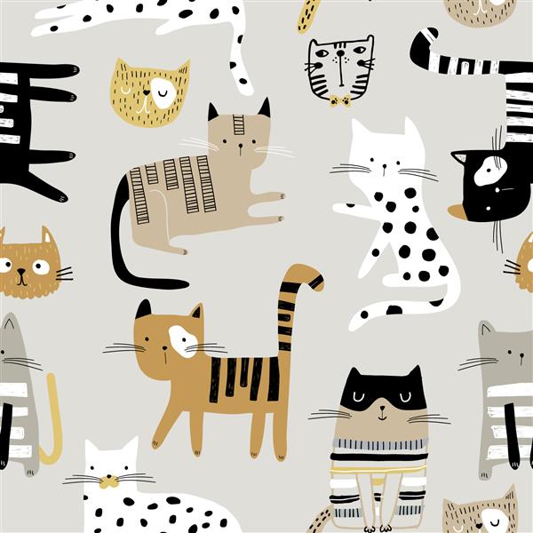 الگوی کودکانه بدون درز با گربه هایی که با دست کشیده شده اند در حالت های مختلف بافت خلاقانه کودکانه برای پارچه بسته بندی پارچه کاغذ دیواری پوشاک تصویر وکتور
