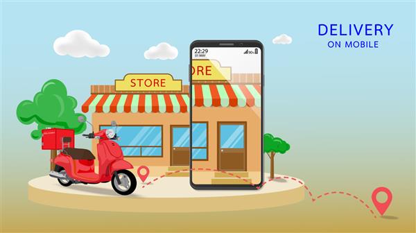 مفهوم بازاریابی دیجیتال و بازاریابی موبایلی فروشگاه فروشگاه اینترنتی بسته تحویل سریع با اسکوتر روی تلفن همراه مفهوم خرید تجارت الکترونیک تصویر وکتور