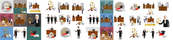 مجموعه بنر افقی قانون با عناصر سیستم قضایی و وکتور شخصیت دقیق قاضی و وکیل وکتور جدا شده با تصویر تخت