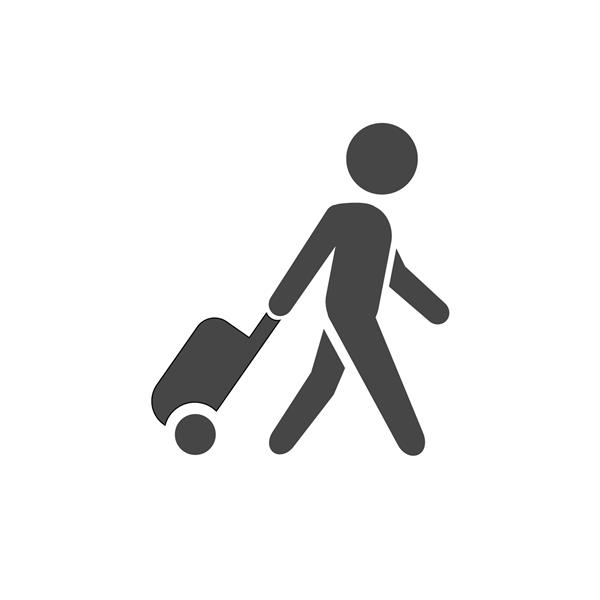 نماد کیف مسافرتی مرد در حال حمل تابلو چمدان حمل و نقل توریستی تحویل بار تصویر رنگی تخت وکتور سیاه سفید لوگوی برنامه نمایش تابلو برچسب خدمات برند محصول
