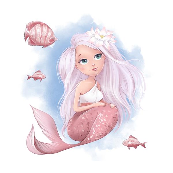 پری دریایی کارتونی زیبا و ماهی در پس زمینه سفید