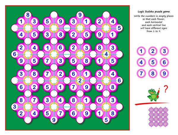 بازی پازل سودوکو منطقی اعداد را در جاهای خالی بنویسید تا هر گل هر خط افقی و عمودی دارای علائم متفاوت از 1 تا 9 باشد کتاب بازی فکری صفحه برای کودکان آنلاین بازی کنید