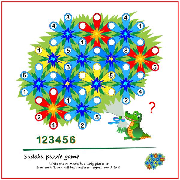 بازی پازل سودوکو منطقی برای کودکان اعداد را در جای خالی بنویسید تا هر گل دارای علائم متفاوتی از 1 تا 6 باشد کتاب بازی فکری کودکان صفحه قابل چاپ آنلاین بازی کنید