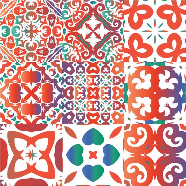 کاشی های سرامیکی تالاورا رنگی تزئینی کیت الگوهای بدون درز وکتور طراحی با دست زیور آلات قومی قرمز برای چاپ پس زمینه وب بافت سطح حوله بالش کاغذ دیواری